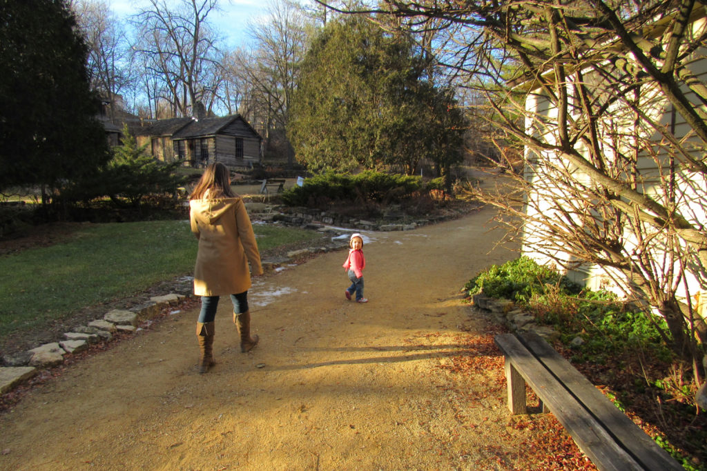 A mother and child explore Shake Rag Alley in Mineral Point, Wisconsin.