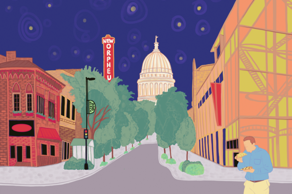 An illustration of State Street from the Goodnight Madison children's book.