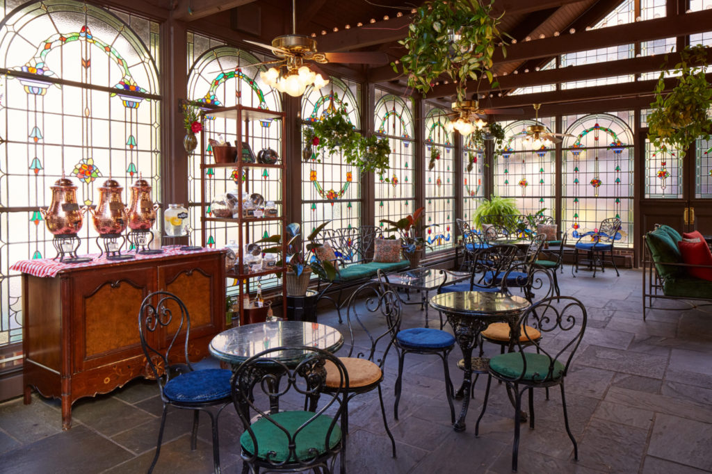 Inside the Greenhouse, a stain glass-walled coffee shop within the American Club in Kohler, Wisconsin.