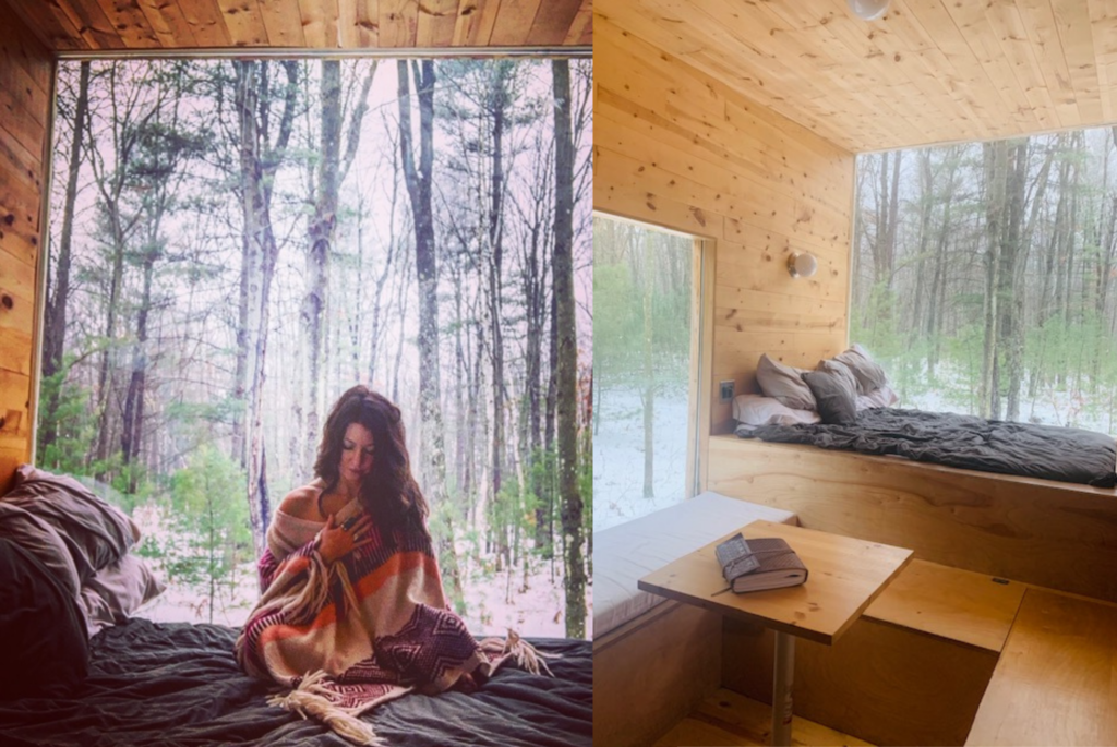 Erin O'Brien meditates at the Off-Grid Inn in Fall Creek, Wisconsin.