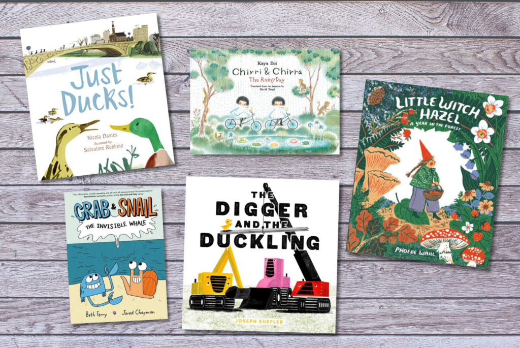 Five children's books about springtime, chosen by Dotters Books, are arranged on a wooden floor.