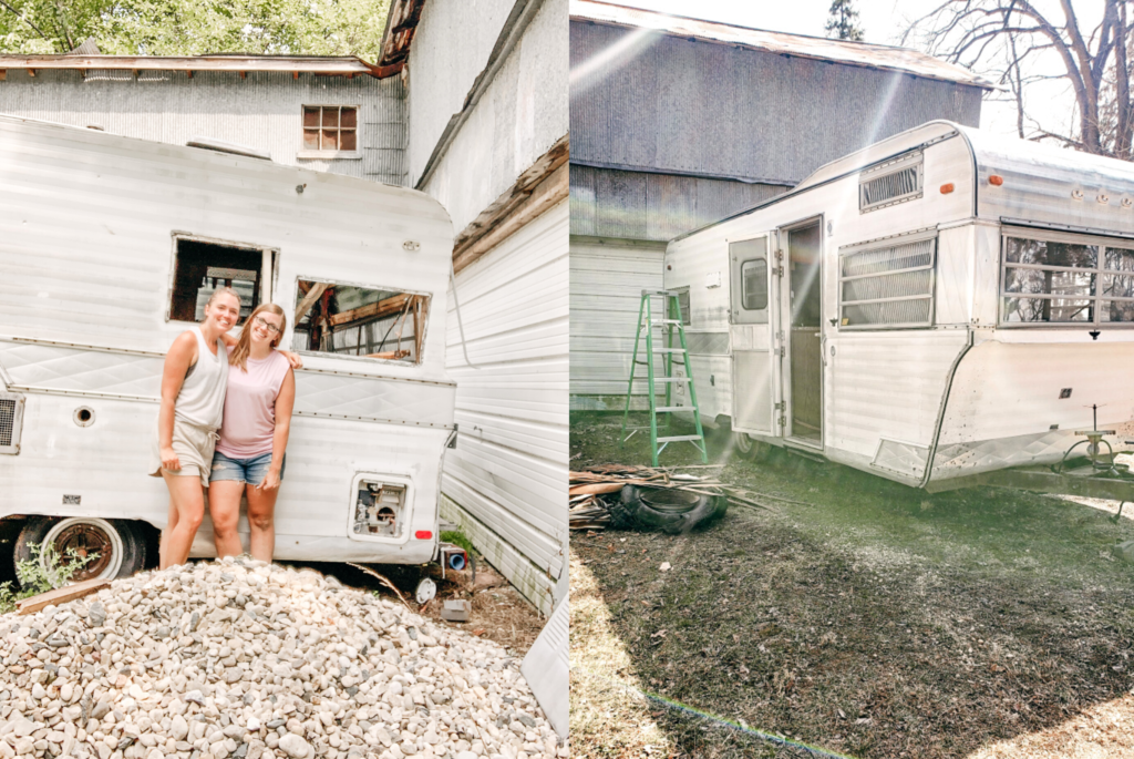 Two photos of Meghan Magritz and Allie Wedl and their vintage camper.