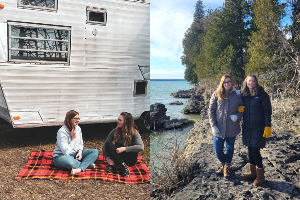 Two photos of Meghan Magritz and Allie Wedl, the first sitting outside their vintage camper and the second standing on a rocky shoreline in Door County, Wisconsin.